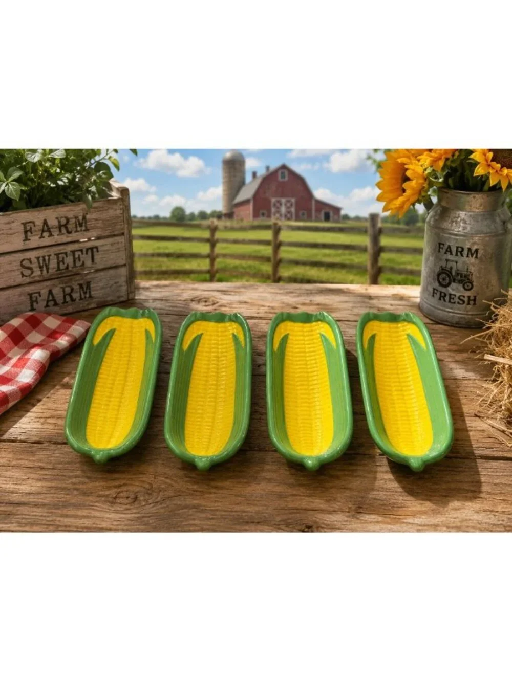 New Set Of 4 Yellow & Green Melamine Corn on the Cobb Dishes BBQ Picnic Party